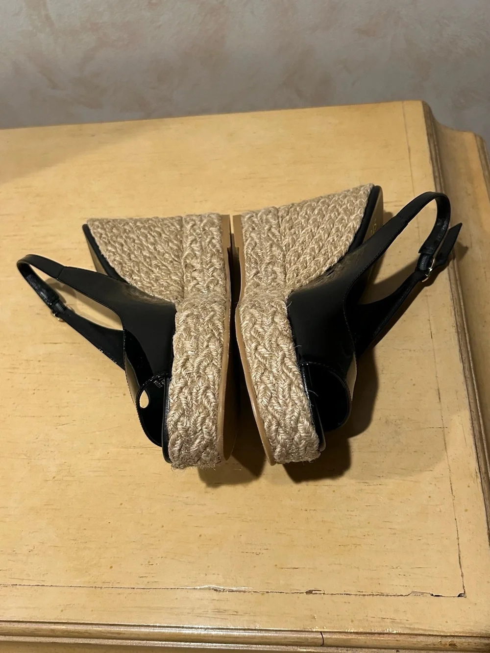 Stuart Weitzman black patent sling back espadrille wedge in size 6.5